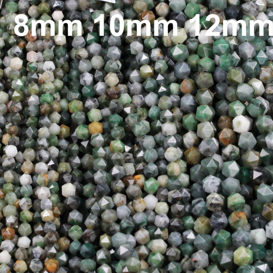 Natural African Green Jade Faceted 8mm 10mm 12mm Beads Star Cut Modern Geometric Cut Earthy Green Jade Organic Raw Designer Beads 16" Strand