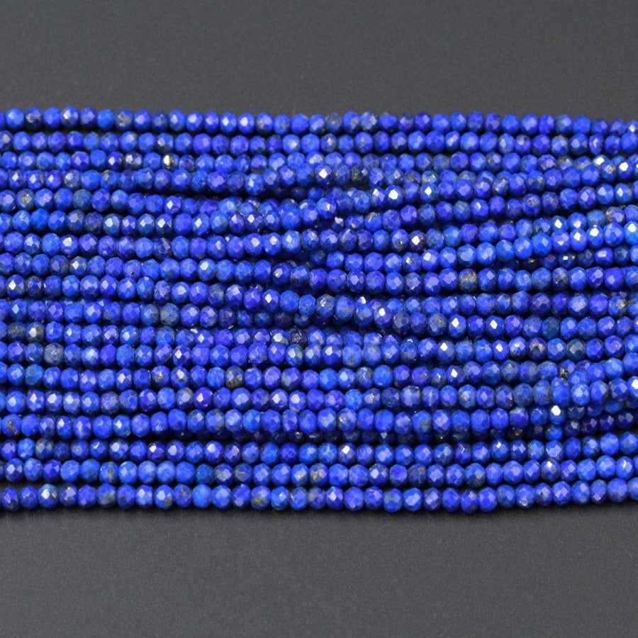 AA Micro Faceted Natural Blue Lapis Lazuli Round Beads Tiny Small 2mm 3mm Faceted Rondelle Round Beads Diamond Cut Blue Gemstone 16" Strand