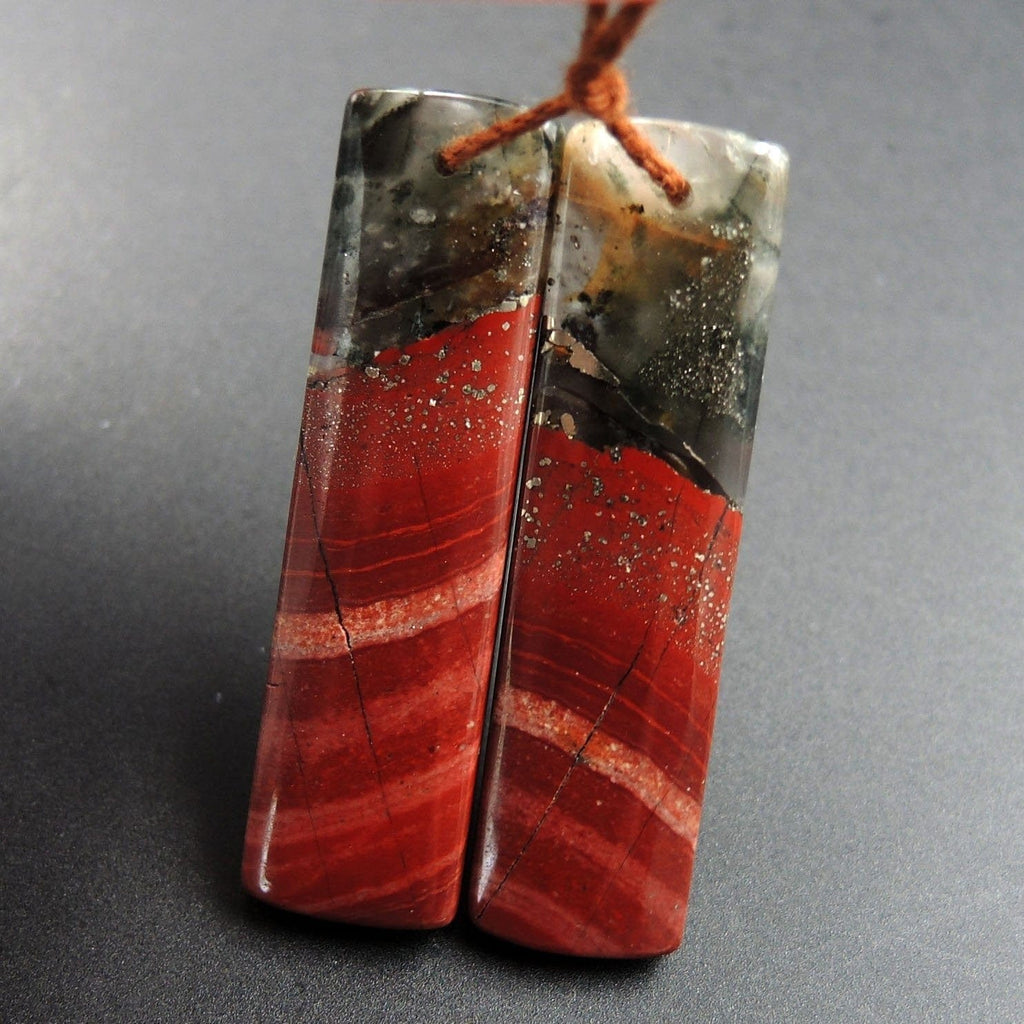 Drilled Earring Pair Stone Natural African Bloodstone Pyrite Matched Cabochon Pair Cab Pair Symmetrical Rectangle Shaped Earring Beads E3080