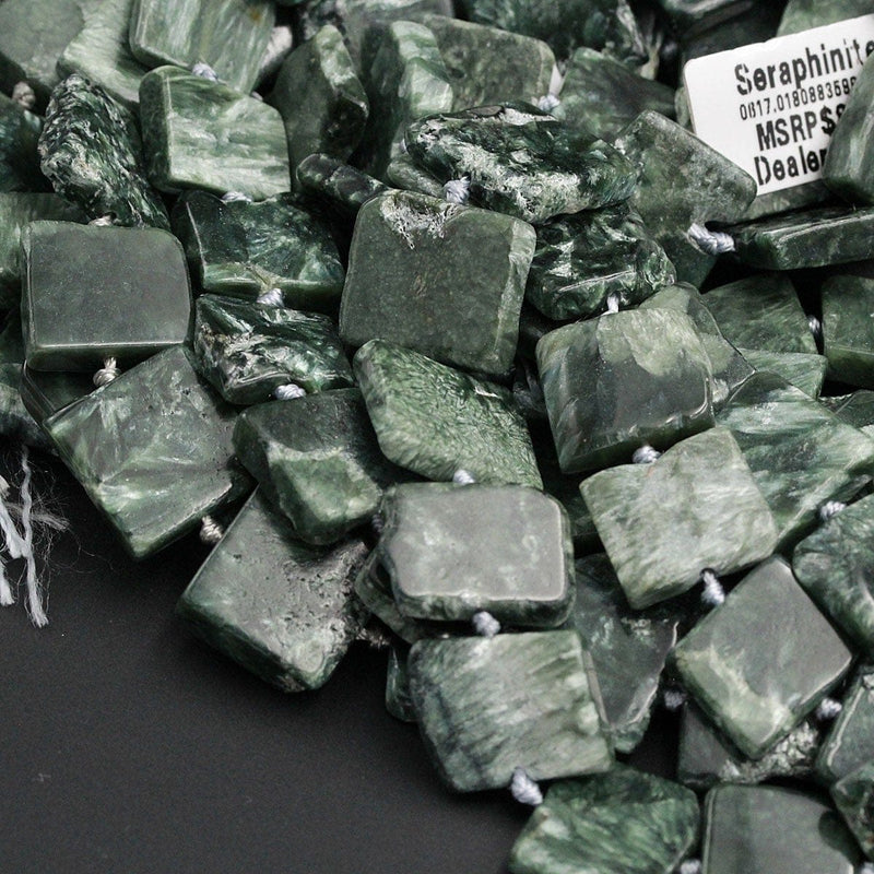 Green Russian Seraphinite Square Beads Large Chunky Natural Cushion Thin Slice Nugget Designer Cut Beads 16" Strand