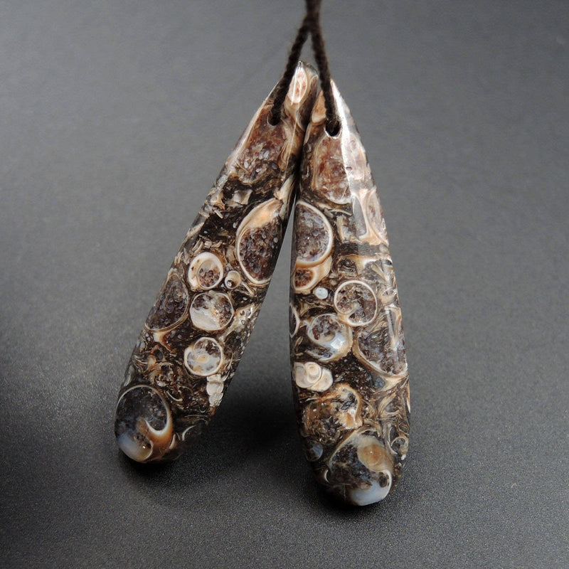 Natural Turritella Agate Fossil Earring Pair Cabochon Cab Pair Drilled Teardrop Matched Earrings Bead Pair E2451