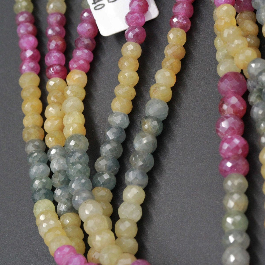 Micro Faceted Natural Multi Color Sapphire Pink Yellow Blue Rondelle 6mm x 4mm Diamond Cut Gemstone Beads 16" Strand