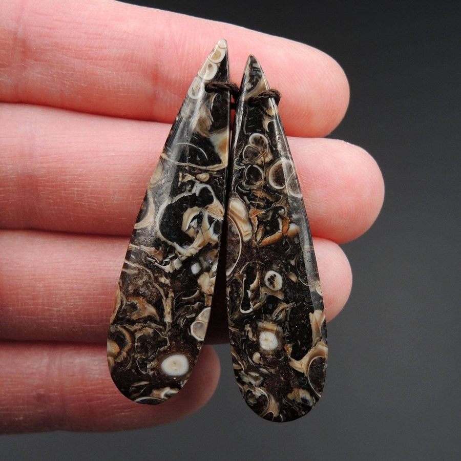 Natural Turritella Agate Fossil Earring Pair Cabochon Cab Pair Drilled Teardrop Matched Earrings Bead Pair E2444