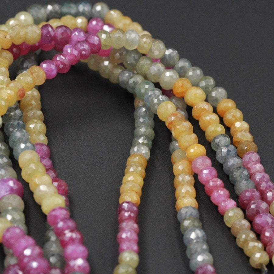 Micro Faceted Natural Multi Color Sapphire Pink Yellow Blue Rondelle 6mm x 4mm Diamond Cut Gemstone Beads 16" Strand