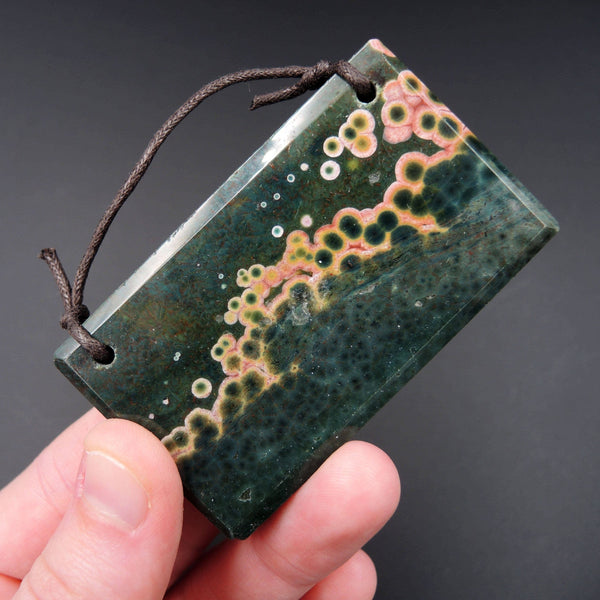 Huge Natural Ocean Jasper Pendant Green Pink Yellow Orbs Drilled Faceted Rectangle Pendant Two Hole Pendant P413
