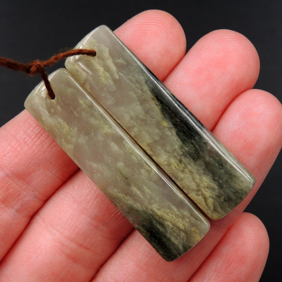 Natural Green Cloudy Quartz Rectangle Cabochon Cab Pair Drilled Gemstone Pair Matched Earrings Natural Stone Bead Pair E3000