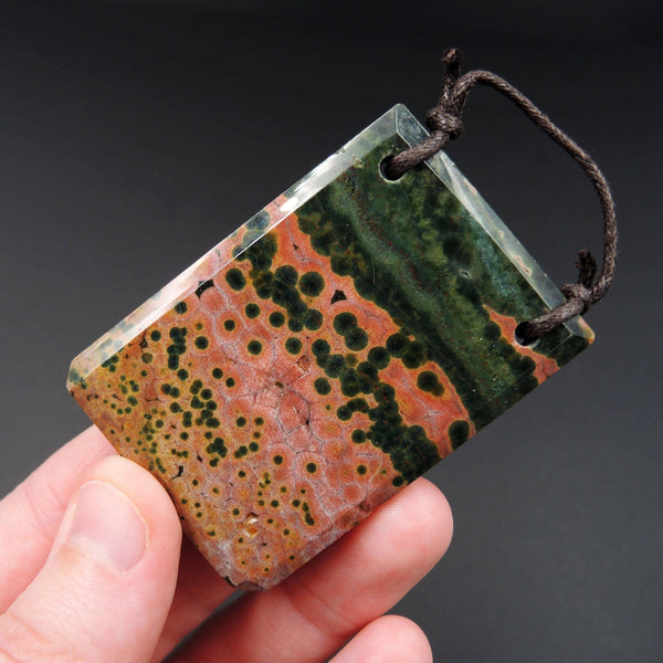 Natural Ocean Jasper Pendant Pink Green Gold Orbs Drilled Faceted Rectangle Pendant 2 Hole Pendant P399