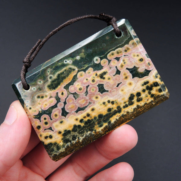 Huge Natural Ocean Jasper Pendant Pink Green Yellow Orbs Drilled Faceted Rectangle Pendant 2 Hole Pendant P404