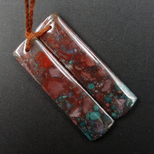 Drilled Gemstone Pair Drilled Natural Green Red Indian Agate Rectangle Cabochon Cab Pair Matched Earrings Bead Pair Natural Stone E2989