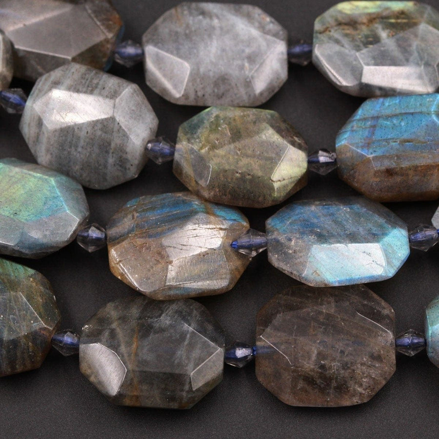 Natural Labradorite Faceted Slab Cushion Rectangle Rectangular Nugget Slice Pendant Focal Beads Dark Labradorite 16" Strand