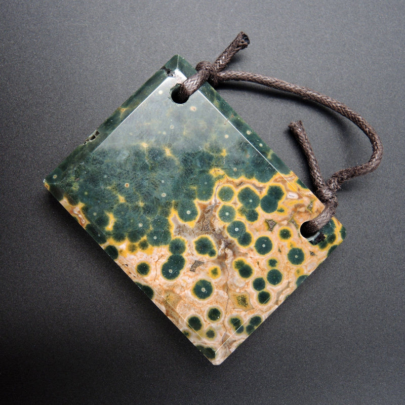 Natural Ocean Jasper Pendant Green Yellow Orbs Drilled Faceted Rectangle Pendant Two Hole Pendant P394