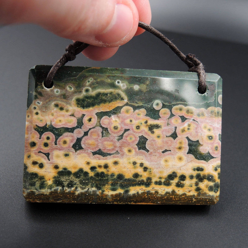 Huge Natural Ocean Jasper Pendant Pink Green Yellow Orbs Drilled Faceted Rectangle Pendant 2 Hole Pendant P404