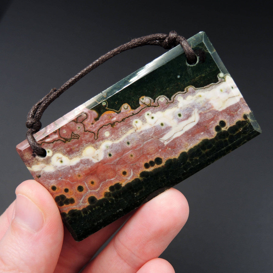 Natural Ocean Jasper Pendant Pink Green White Orbs Drilled Faceted Rectangle Pendant Two Hole Pendant P401