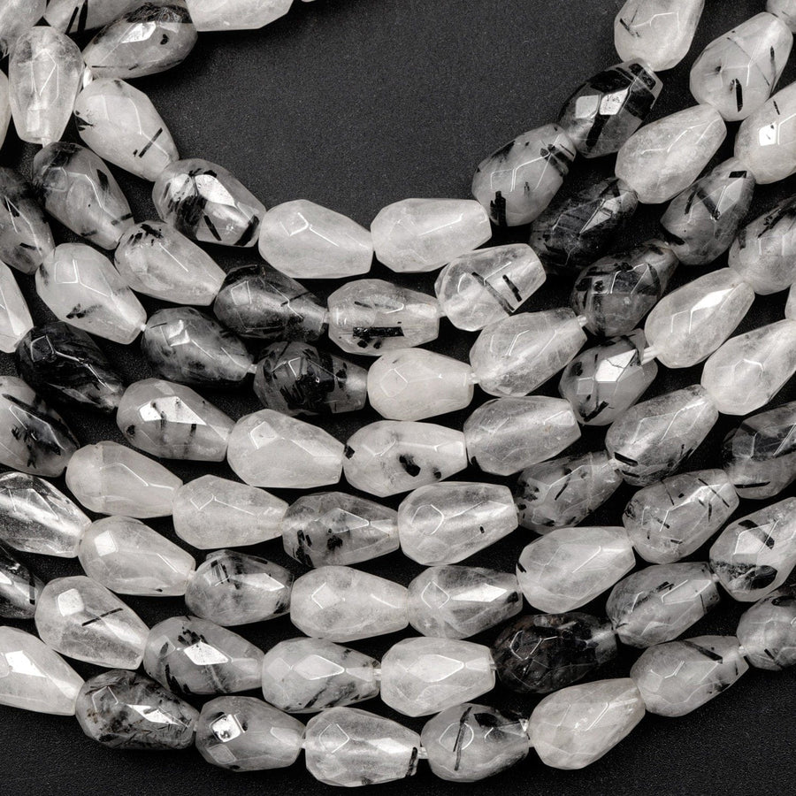 Black Rutilated Quartz Faceted Teardrop Beads 8x5mm Vertically Long Drilled Natural Black Tourmaline in Clear Quartz Gemstone 16" Strand