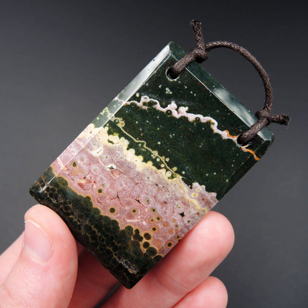 Huge Natural Ocean Jasper Pendant Green Pink Yellow Orbs Drilled Faceted Rectangle Pendant Two Hole Pendant P411
