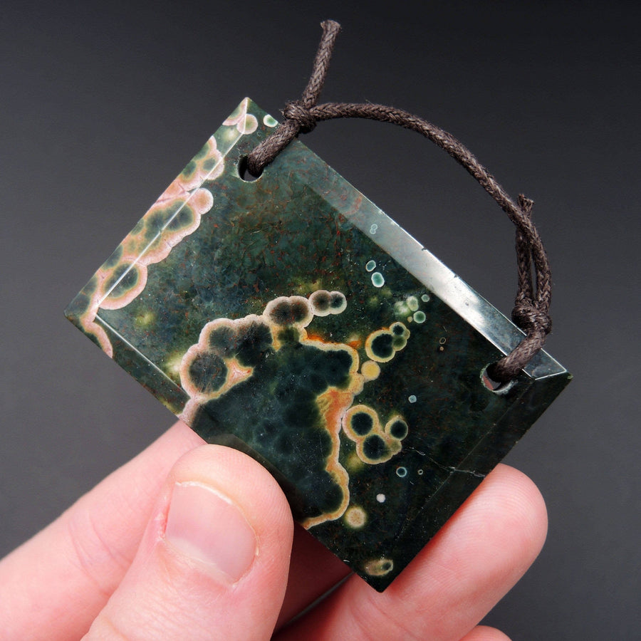 Natural Ocean Jasper Pendant Green Pink Yellow Orbs Drilled Faceted Rectangle Pendant 2 Hole Pendant P414