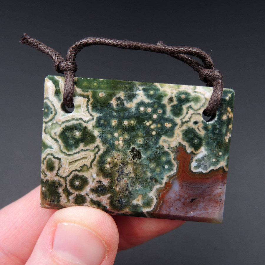 Natural Ocean Jasper Pendant Green Orbs Drilled Faceted Rectangle Pendant 2 Hole Pendant P396