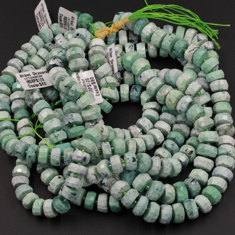 Natural Faceted African Green Chrysoprase Rondelle Chunky Disc Wheel Heishi Nugget Beads Center Drilled Large Bead 16" Strand