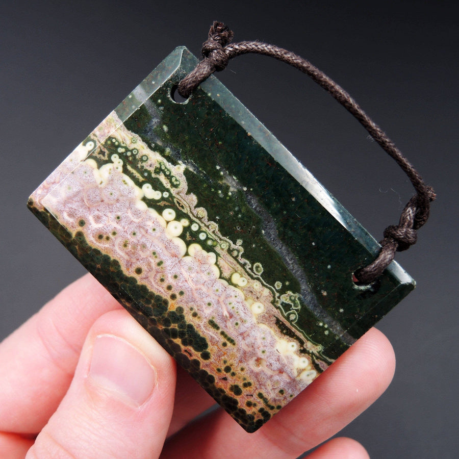 Natural Ocean Jasper Pendant Pink Green White Orbs Drilled Faceted Rectangle Pendant 2 Hole Pendant P398