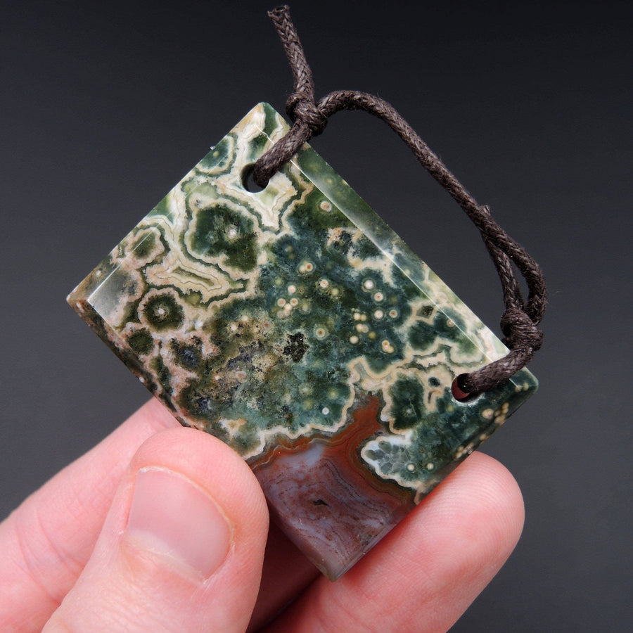 Natural Ocean Jasper Pendant Green Orbs Drilled Faceted Rectangle Pendant 2 Hole Pendant P396