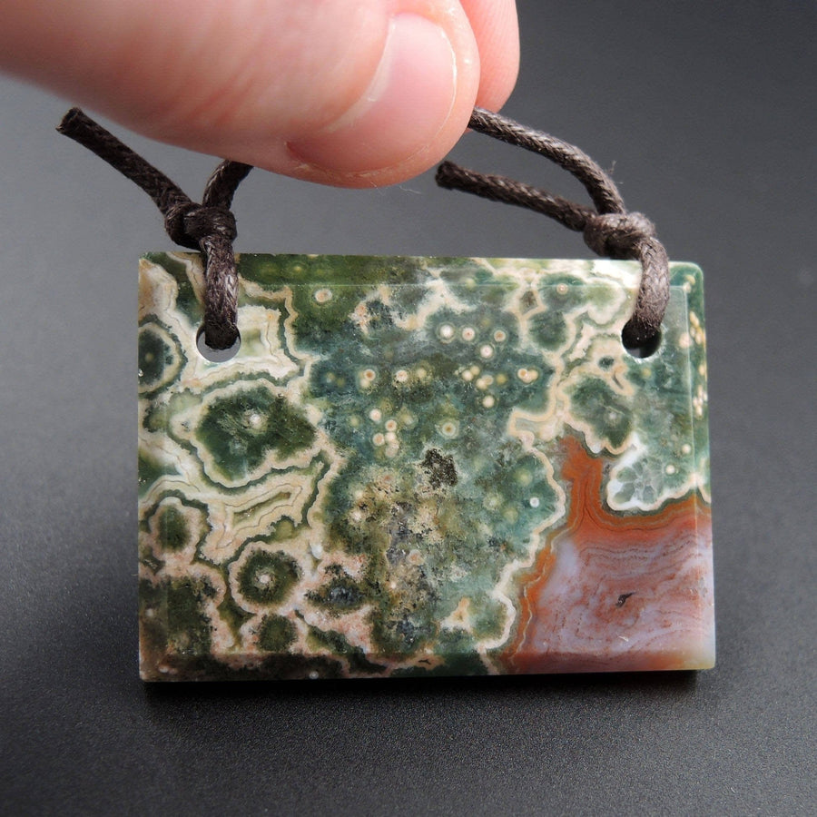 Natural Ocean Jasper Pendant Green Orbs Drilled Faceted Rectangle Pendant 2 Hole Pendant P396