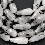 Black Rutilated Quartz Facetet Long Teardrop Beads 20mm x 8mm  Center Drilled Natural Black Tourmaline in Clear Quartz Gemstone 16" Strand