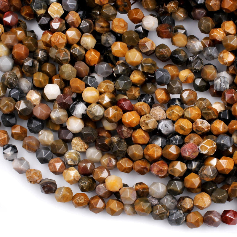 Star Cut Natural Brown Autumn Jasper Beads Faceted 8mm Rounded Nugget Sharp Facets 15" Strand