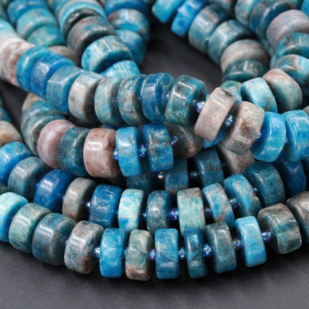 Natural Blue Apatite Rondelle Wheel Thick Center Drilled Disc Coin Beads Polished Teal Blue Gemstone Beads 10mm 12mm 16" Strand