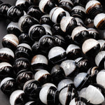 Large Natural Tuxedo Agate Round Beads 12mm 14mm 16mm Smooth Polished High Quality Gemmy Black White Stripes  Beads 16" Strand