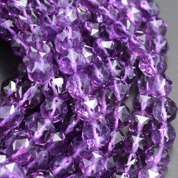 AAA Gem Quality Geometric Cut Diamond Star Cut Genuine 100% Natural Amethyst Faceted 8mm 10mm Round Beads Nugget Purple Gemstone 16" Strand