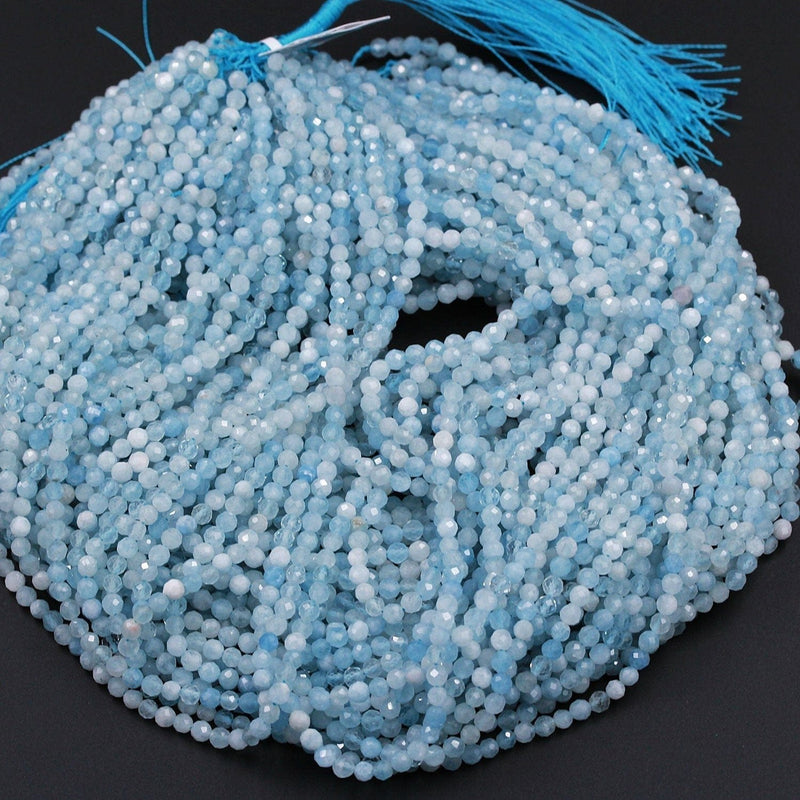 Micro Faceted Natural Aquamarine 2mm 3mm 4mm 6mm Faceted Round Beads Laser  Diamond Cut Real Genuine Blue Aquamarine Gemstone 15.5