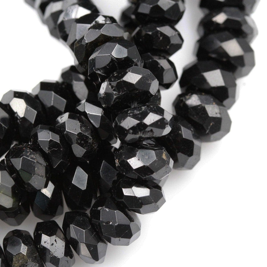 Large Natural Black Tourmaline Faceted Rondelle Beads Black Tourmaline Faceted Saucer Center Drilled Disc Nugget Superior A Grade 16" Strand