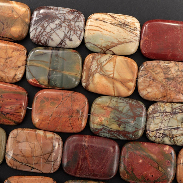 Large Red Creek Jasper Bead Rectangle Pendant Earthy Red Green Yellow Brown Natural Cherry Creek Multi-color Picasso Jasper 16" Strand