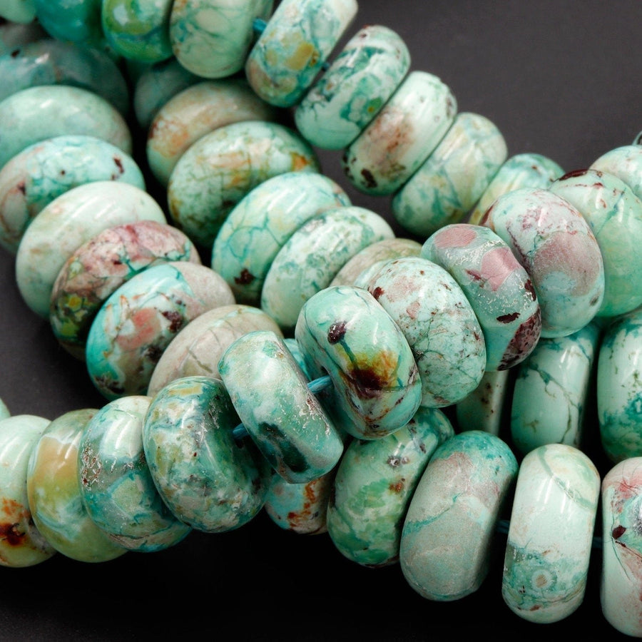 Large Natural Chrysocolla Turquoise Rondelle Beads Exotic Vibrant Blue Green Gemstone From Africa 16" Strand