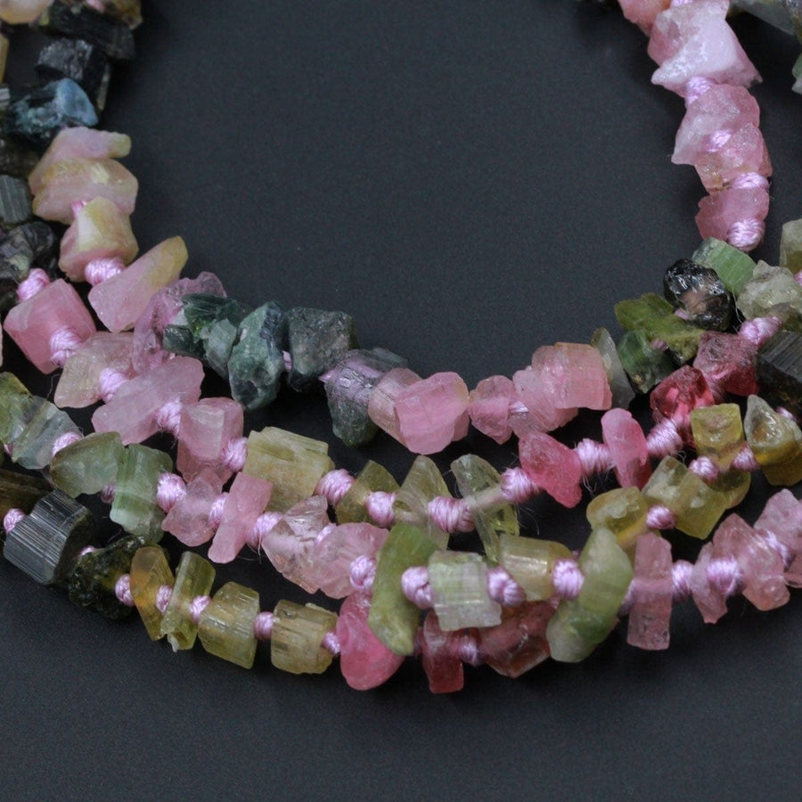 Raw Rough Natural Pink Green Blue Tourmaline Beads Watermelon Multi Color Tourmaline Gemstone Freefrom Irregular Nugget Chip Full 17" Strand