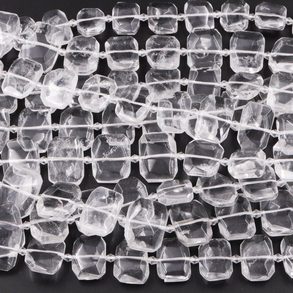 Chunky Faceted Real Natural Rock Crystal Quartz Faceted Rectangle Beads Flat Nugget Slab Slice Cushion Center Drilled 16" Strand