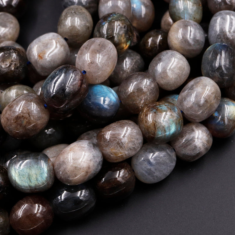 Large Natural Labradorite Nuggets Freeform Irregular Rounded Oval Barrel Beads Nice Blue Green Flashes High Quality Labradorite 16" Strand