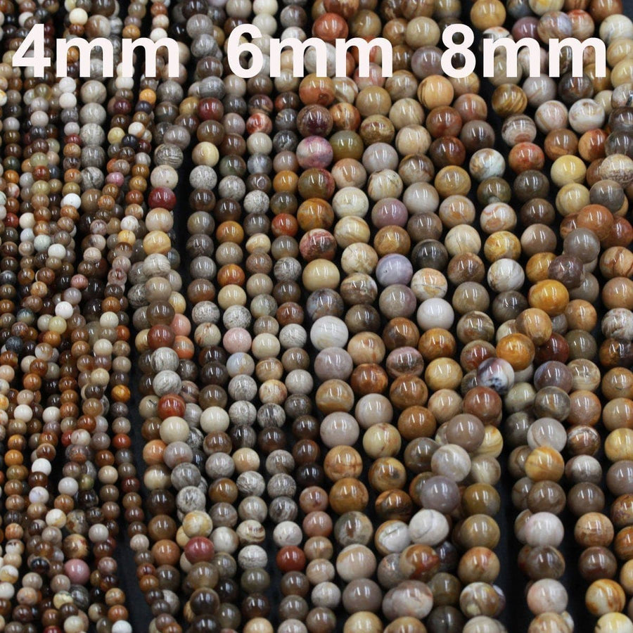 Natural Petrified Wood 4mm 6mm 8mm Round Beads Earthy Brown Beige Stones 15.5&quot; Strand