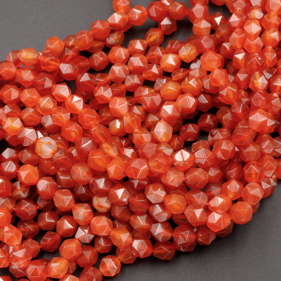 Star Cut Natural Red Carnelian Beads Faceted 6mm 8mm 10mm Rounded Nugget Sharp Facets 15" Strand