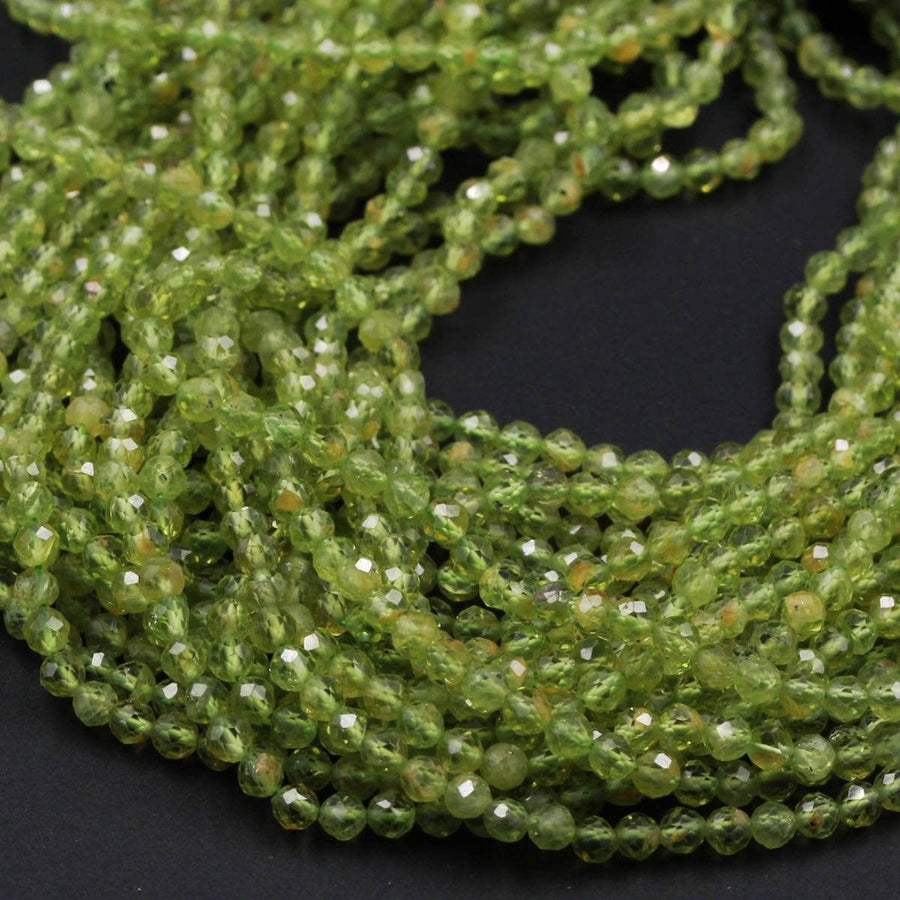 Micro Faceted Natural Green Peridot Round Beads 4mm 5mm Faceted Round Beads Laser Diamond Cut Small Real Genuine Green Gemstone 16" Strand