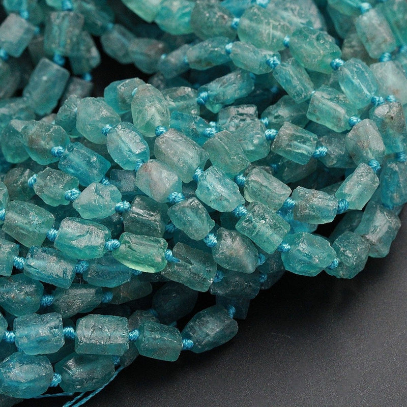 Extra Gemmy Raw Rough Natural Teal Blue Green Apatite Beads Frosty Matte Nuggets Rectangle Tube Beads Organic Natural Gemstone 16" Strand