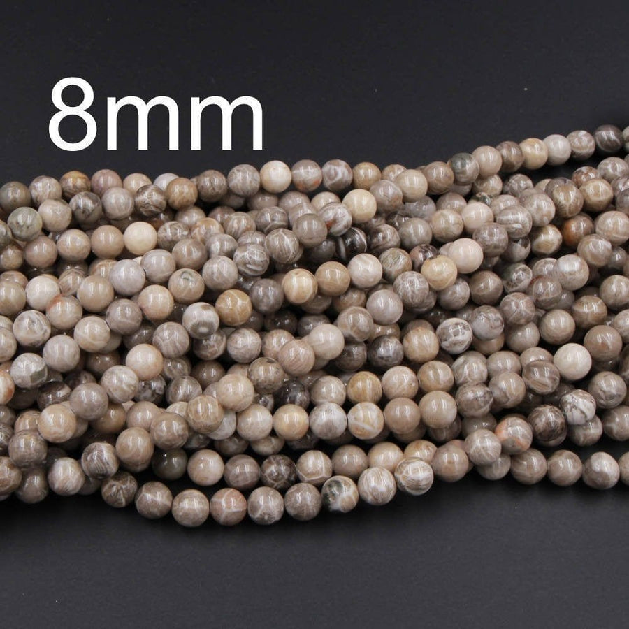Natural Michigan Petoskey Stone Fossil Coral Round 6mm 8mm 10mm 12mm 14mm Round Beads Brown Tan Beige Beads 16" Strand