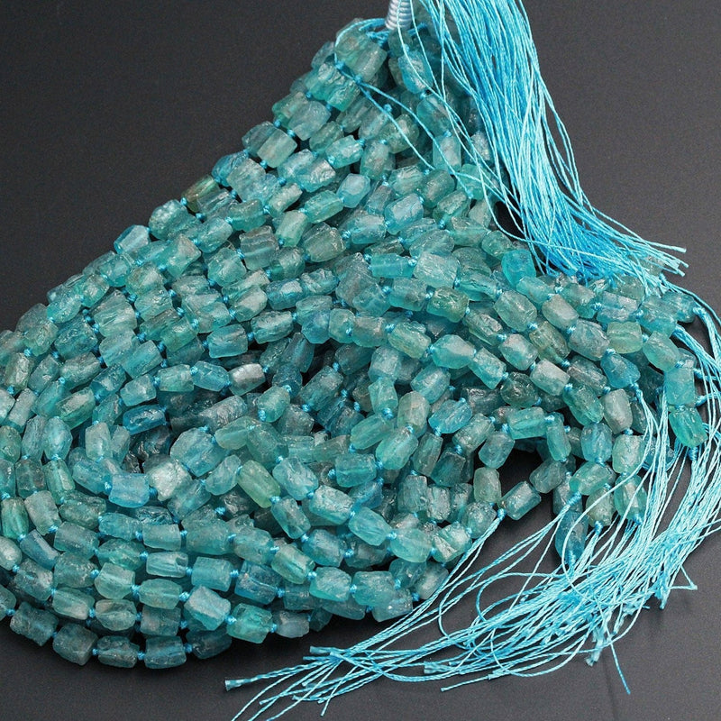 Extra Gemmy Raw Rough Natural Teal Blue Green Apatite Beads Frosty Matte Nuggets Rectangle Tube Beads Organic Natural Gemstone 16" Strand