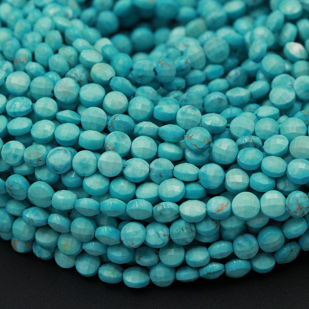 Turquoise Howlite Micro Faceted 4mm Coin Flat Disc Dazzling Facets Small Stunning Sleeping Beauty Blue Color Gemstone Diamond Cut 16" Strand