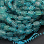 Extra Gemmy Raw Rough Natural Teal Blue Green Apatite Beads Frosty Matte Nuggets Rectangle Tube Beads Organic Natural Gemstone 16" Strand