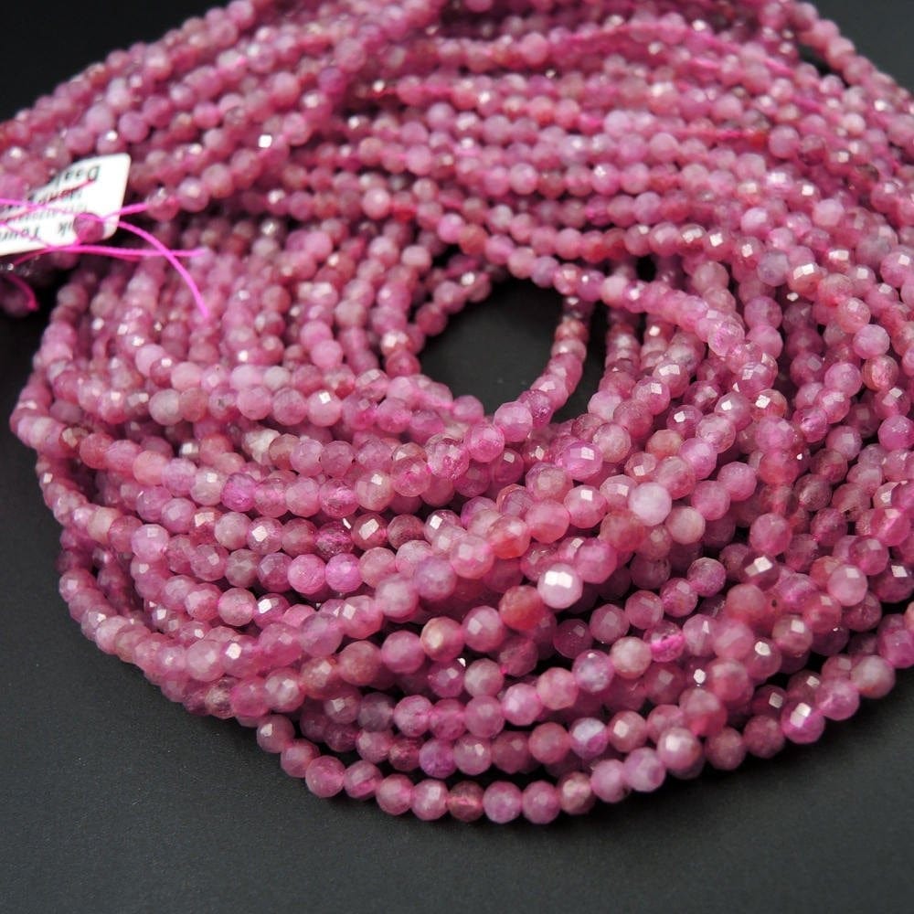 Micro Faceted Tiny Small Natural Pink Tourmaline Faceted 2mm 3mm 4mm 5mm Round Beads Diamond Cut Gemstone 16" Strand