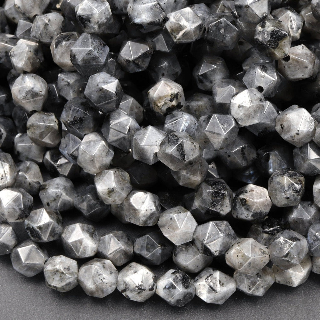 Star Cut Natural Larvikite Beads Aka Black Labradorite Faceted 8mm 10mm Rounded Nugget Sharp Facets 15" Strand