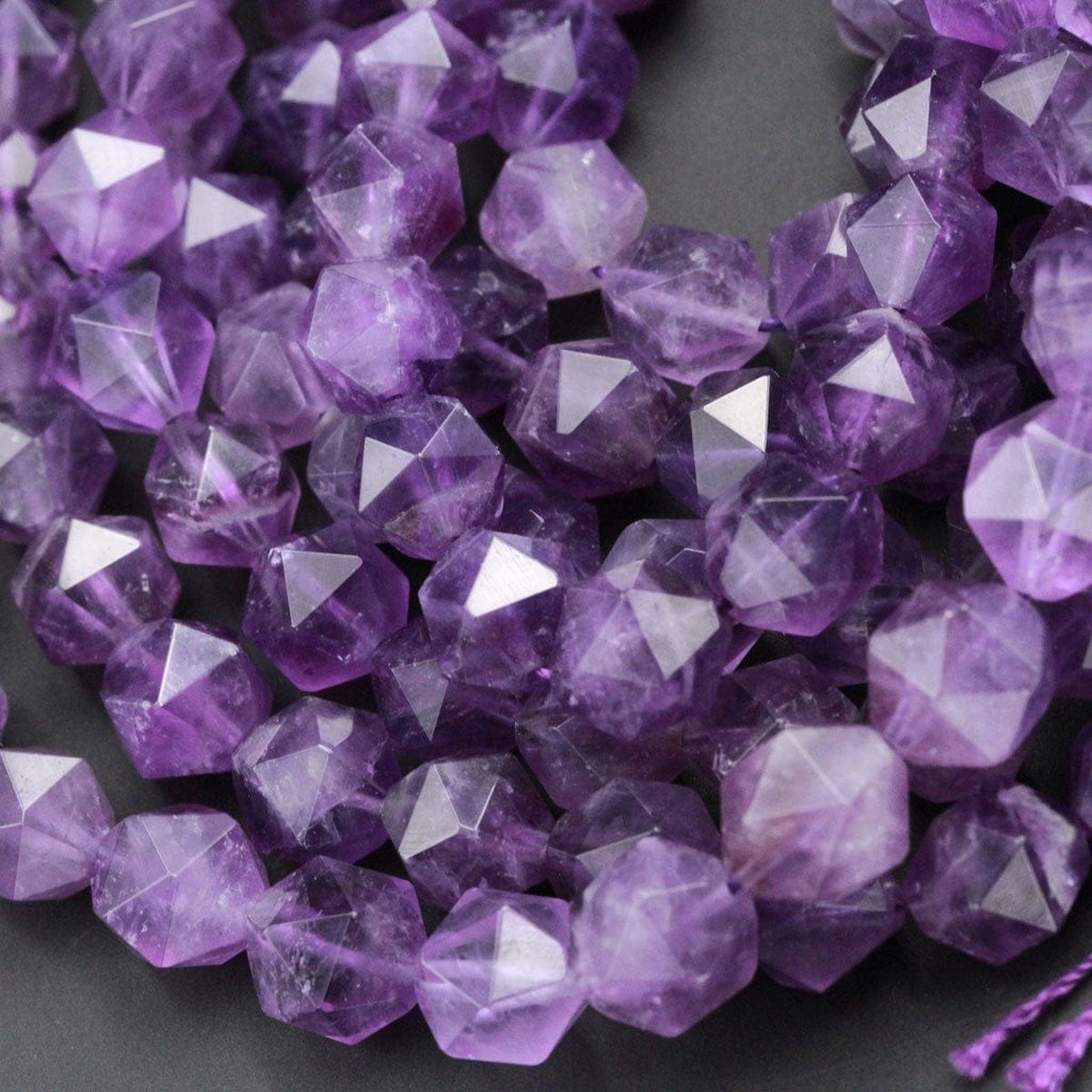 Superior A+ Grade Geometric Cut Star Cut Genuine 100% Natural Amethyst Faceted 6mm 8mm 12mm Rounded Nugget Delicious Purple Beads 16" Strand
