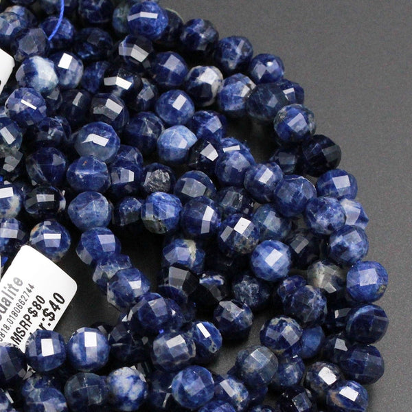 Geometric Lantern Faceted Natural Blue Sodalite 8mm 10mm Round Sparkling Gemstone Good For Earring Pair Bead 16" Strand