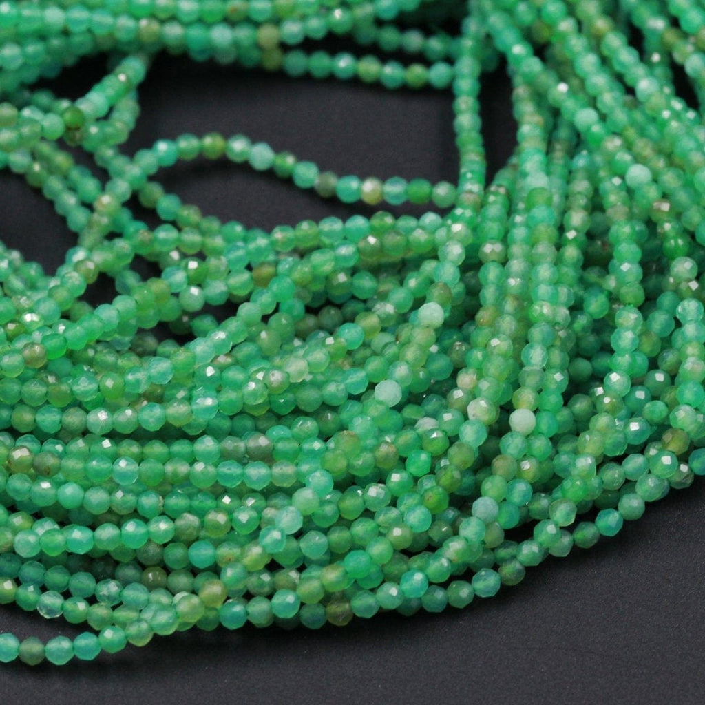 Micro Faceted Natural Australian Green Chrysoprase Faceted Round 2mm 2.5mm Beads Diamond Cut Gemstone Beads 16" Strand